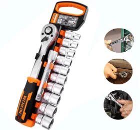 Wokin 14 Pieces 1 / 4 Inch  Repair Tool Kit: Ratchet Torque Wrench, Spanner, Screwdriver, Socket Set Combo - Perfect For Bicycle & Auto Repairing!