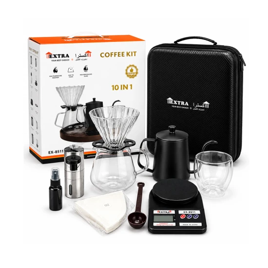 طقم قهوة V60 الذكي للمطبخ 12 في 1 | طقم كامل لتحضير القهوة بالتقطير مع مطحنة وميزان وحقيبة سفر