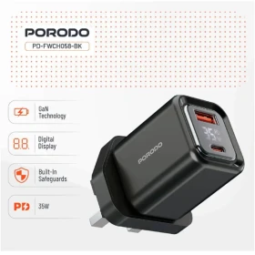 Porodo Dual Port Fast Charger with Digital Display PD-FWCH058-C-BK